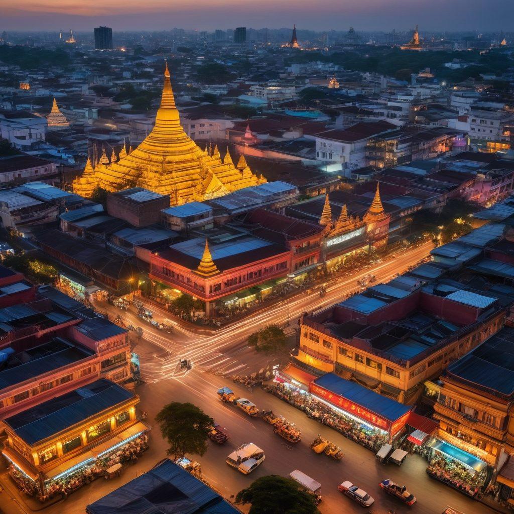 A vibrant cityscape of Yangon at dusk, featuring ancient temples illuminated by warm lights juxtaposed against modern nightlife scenes with neon signs and lively crowds. Incorporate traditional street food stalls with colorful dishes, while showcasing people engaging in both cultural dances and contemporary music, creating a vibrant blend of tradition and modernity. Capture a sense of movement and energy throughout the scene. super-realistic. vibrant colors. dusk lighting.