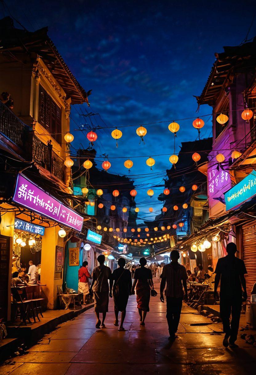 A vibrant street scene in Myanmar at night, illuminated by colorful neon lights showcasing adult entertainment venues. Intriguing silhouettes of people mingling in a lively atmosphere, with traditional Burmese architecture in the background. Include elements of local culture, such as traditional clothing mixed with modern nightlife. The overall mood is intriguing and alluring, reflecting both cultural richness and modernity. super-realistic. vibrant colors. nocturnal ambiance.