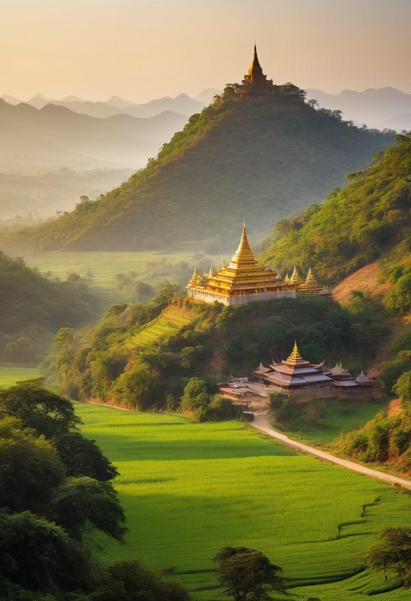 A stunning landscape of Myanmar showcasing its iconic golden pagodas amidst lush green hills, with a lively market scene exhibiting traditional crafts and foods. Include glimpses of locals in vibrant attire and a subtle nod to adult entertainment venues in the background, emphasizing the rich culture and travel aspects. The atmosphere should be colorful and inviting, reflecting a blend of modernity and tradition. vibrant colors. super-realistic. panoramic view.